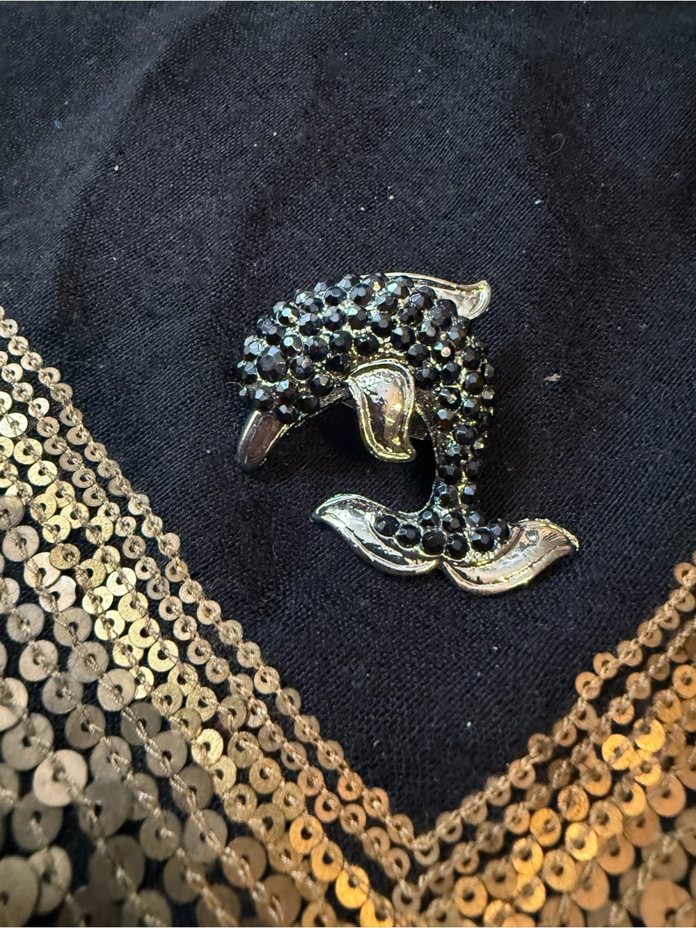 Dolphin Crystal Pin Brooch – Black and Silver Accent